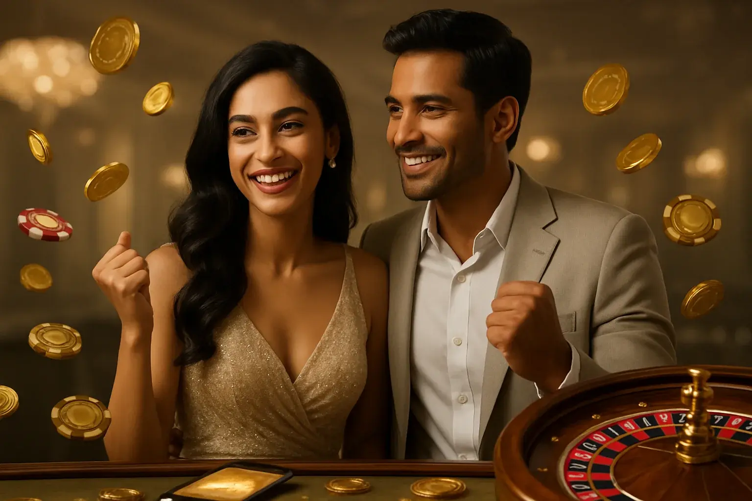 Happy Bangladeshi couple celebrating casino win with gold coins and roulette