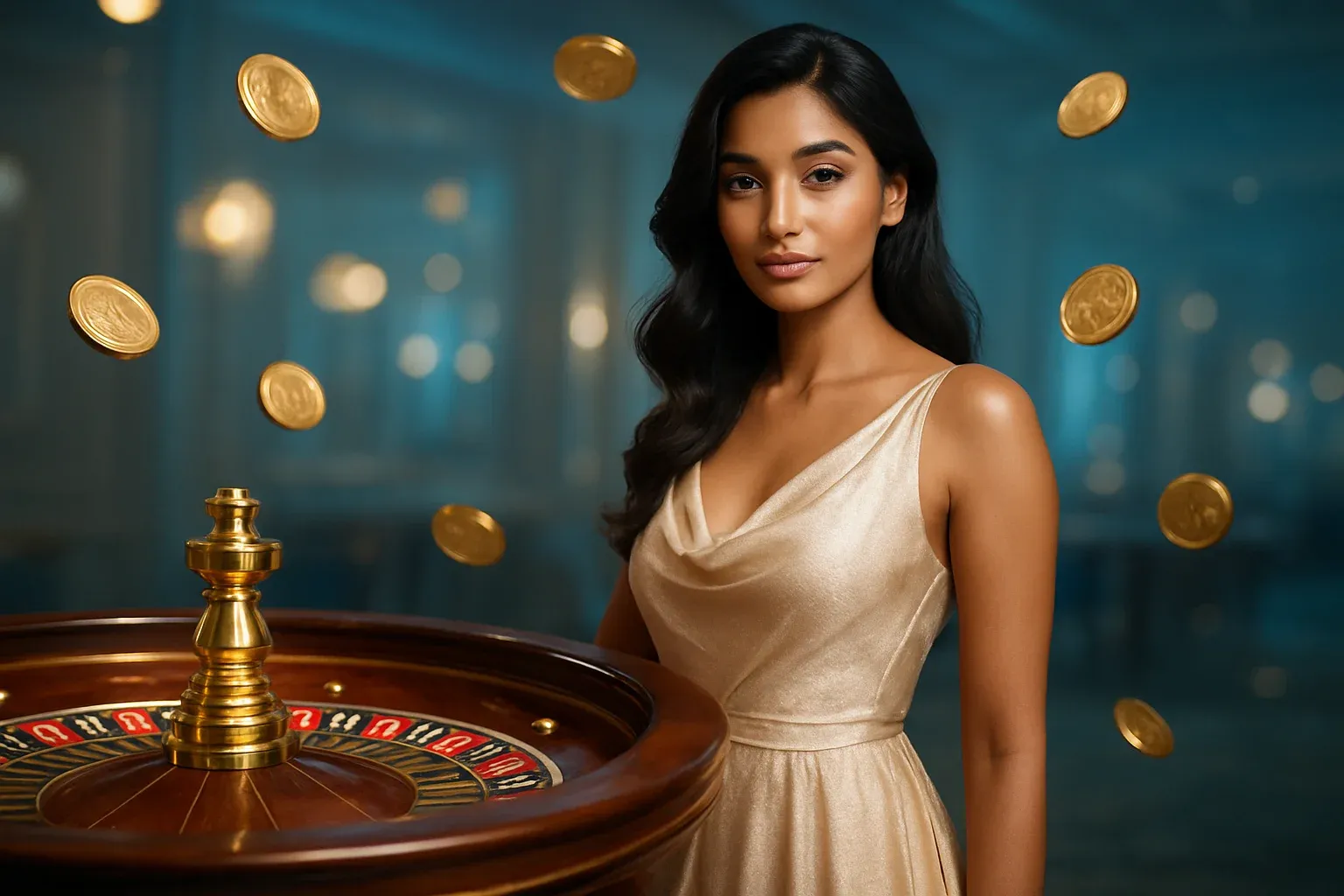 Beautiful Bangladeshi woman in elegant evening dress with luxury roulette and gold coins in bright casino setting